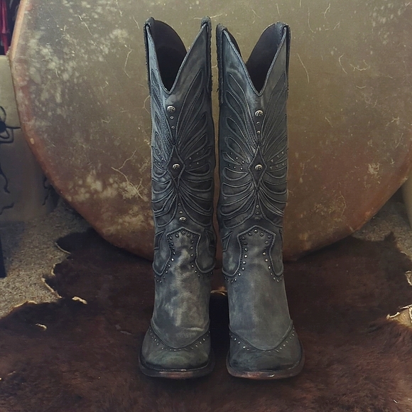 LIBERTY Black LB711510 tall "Graffito Vintage" distressed cowgirl boots sz 8.5 - Picture 8 of 16